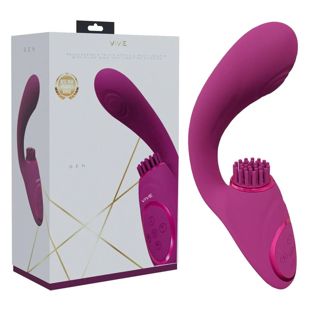 VIVE Gen Triple Motor Vibrator in Pink, white box beside the curved vibe and its bristled pad