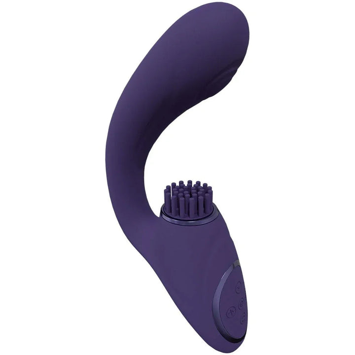 VIVE Gen Triple Motor Vibrator in Purple, side view of the curved shaft above the bristle pad