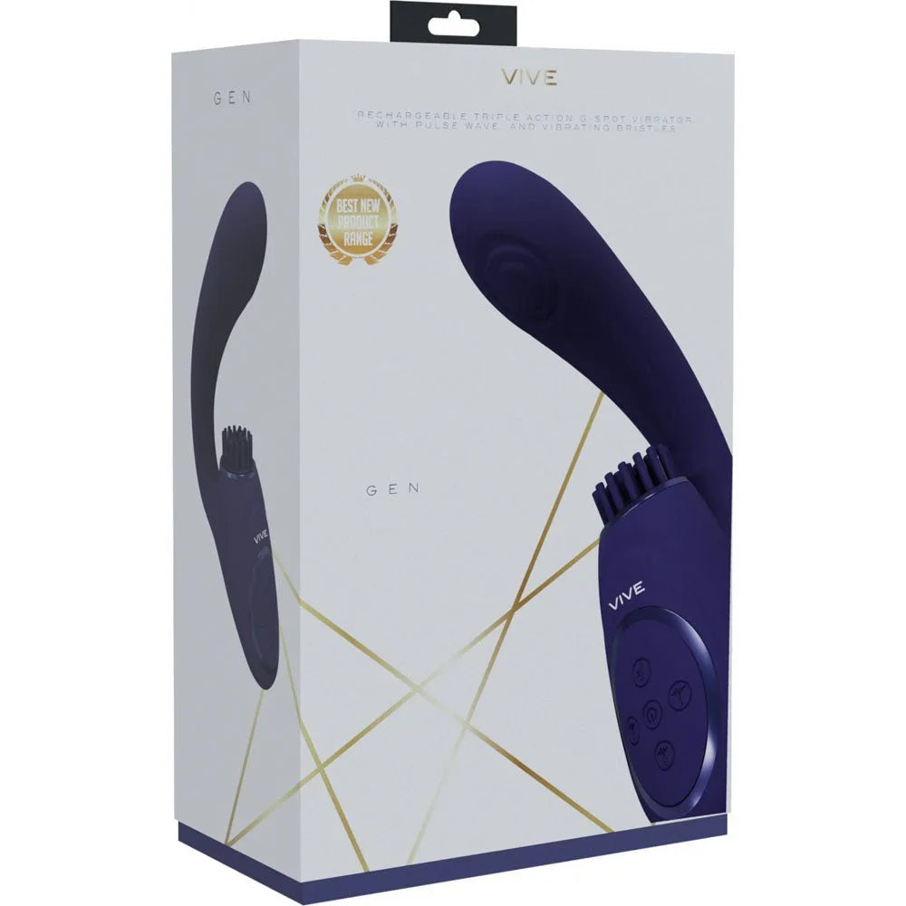 VIVE Gen Triple Motor Vibrator in Purple, front of the white and gold VIVE Gen box