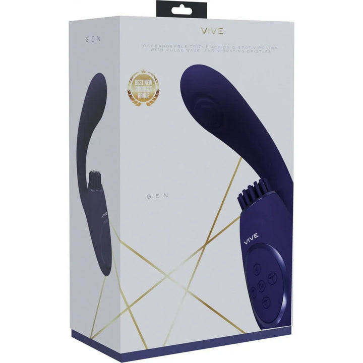 VIVE Gen Triple Motor Vibrator in Purple, front of the white and gold VIVE Gen box