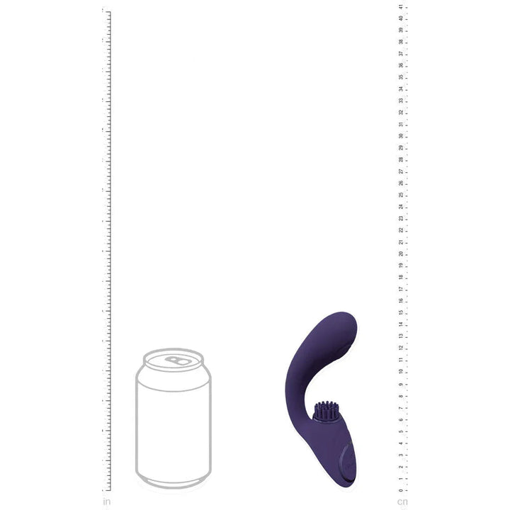 VIVE Gen Triple Motor Vibrator in Purple, scale diagram beside a drink can and rulers