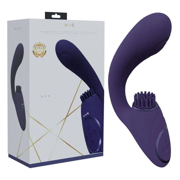 VIVE Gen Triple Motor Vibrator in Purple, white box beside the curved vibe and its bristled pad