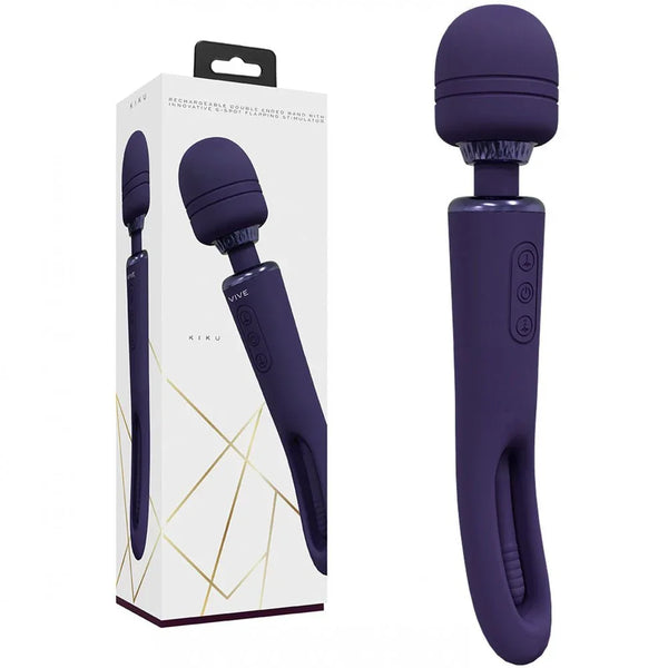 VIVE Kiku Dual End Massage Wand in Purple, white box beside the wand and its ribbed head