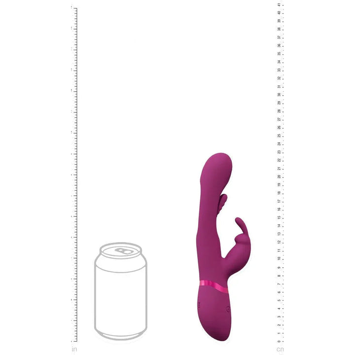 VIVE Mika Rabbit Vibrator in Pink, scale diagram beside a drink can and rulers