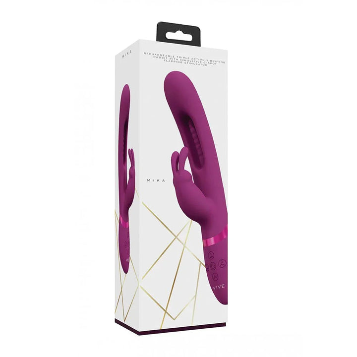 VIVE Mika Rabbit Vibrator in Pink, front of the white and gold VIVE Mika box
