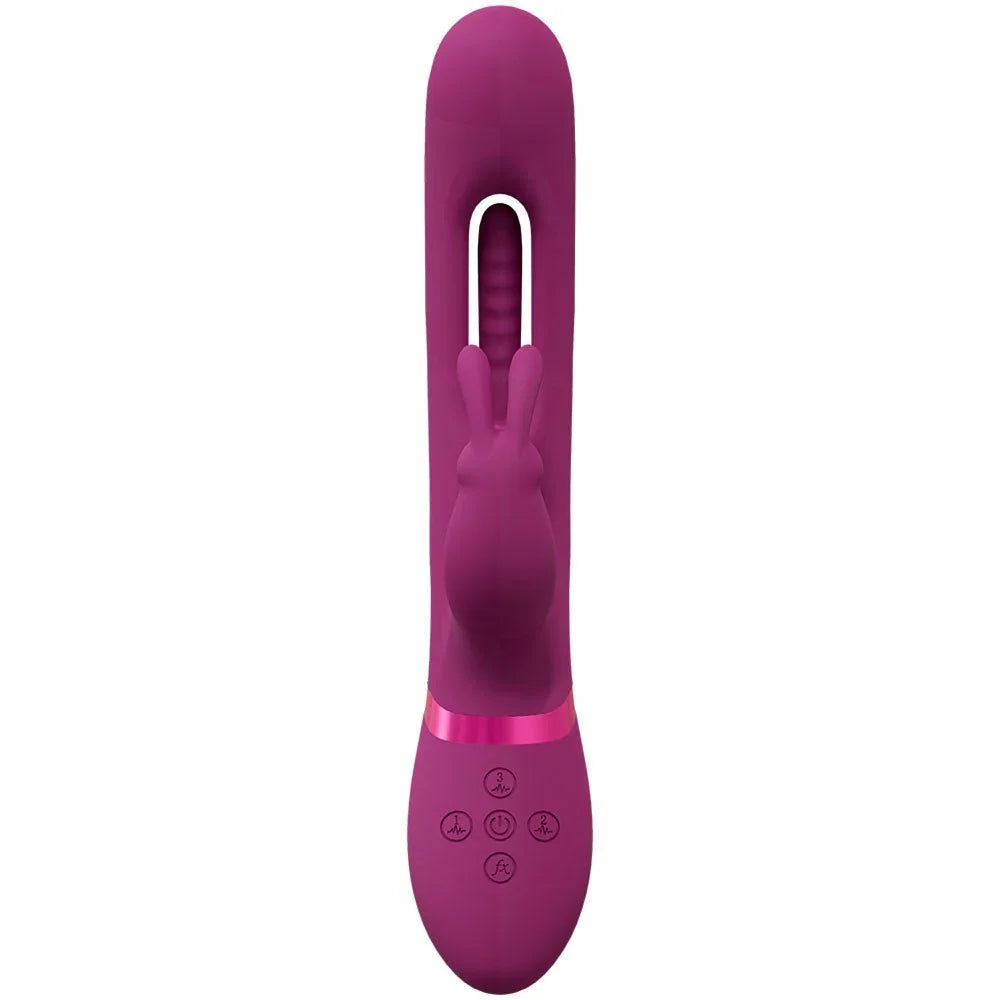 VIVE Mika Rabbit Vibrator in Pink, front-on view showing the flapping tongue inside the shaft