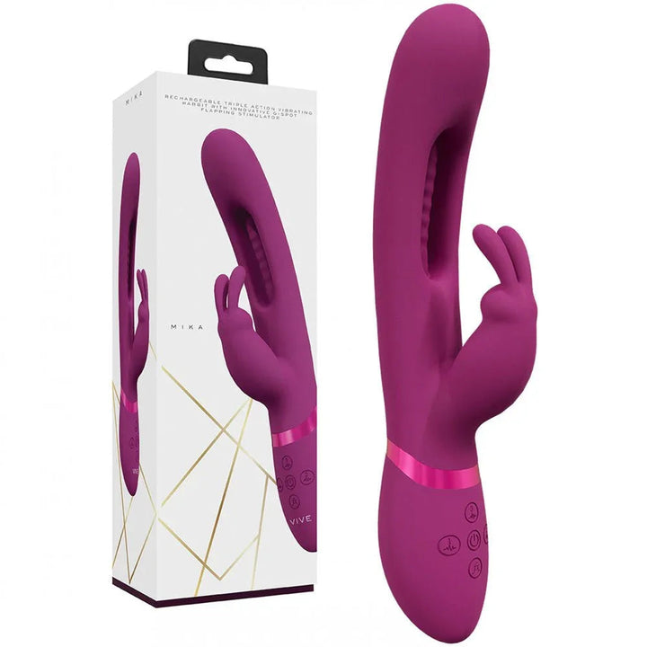 VIVE Mika Rabbit Vibrator in Pink, white box beside the pink rabbit vibe with its slotted shaft
