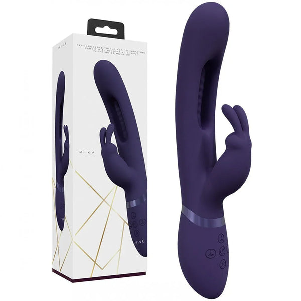 VIVE Mika Rabbit Vibrator in Purple, white box beside the rabbit vibe with its slotted shaft