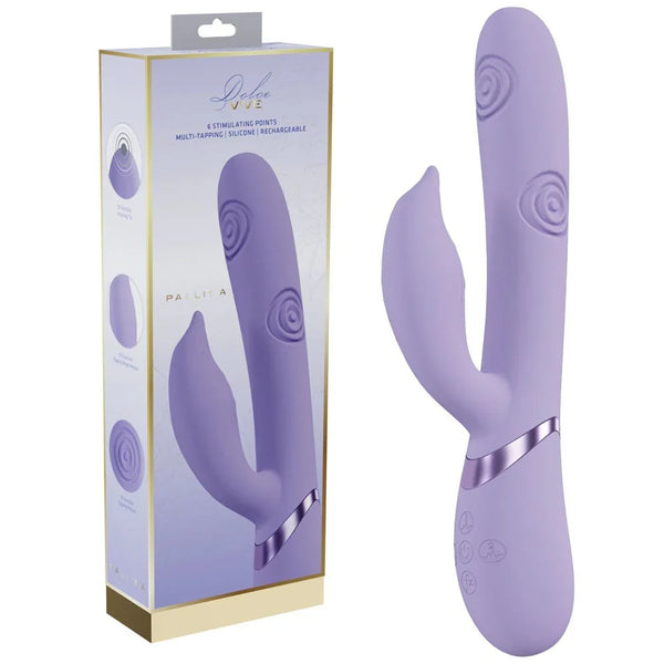 VIVE Pallina Tapping Rabbit Vibrator in Purple, lilac box beside the tapping rabbit vibrator