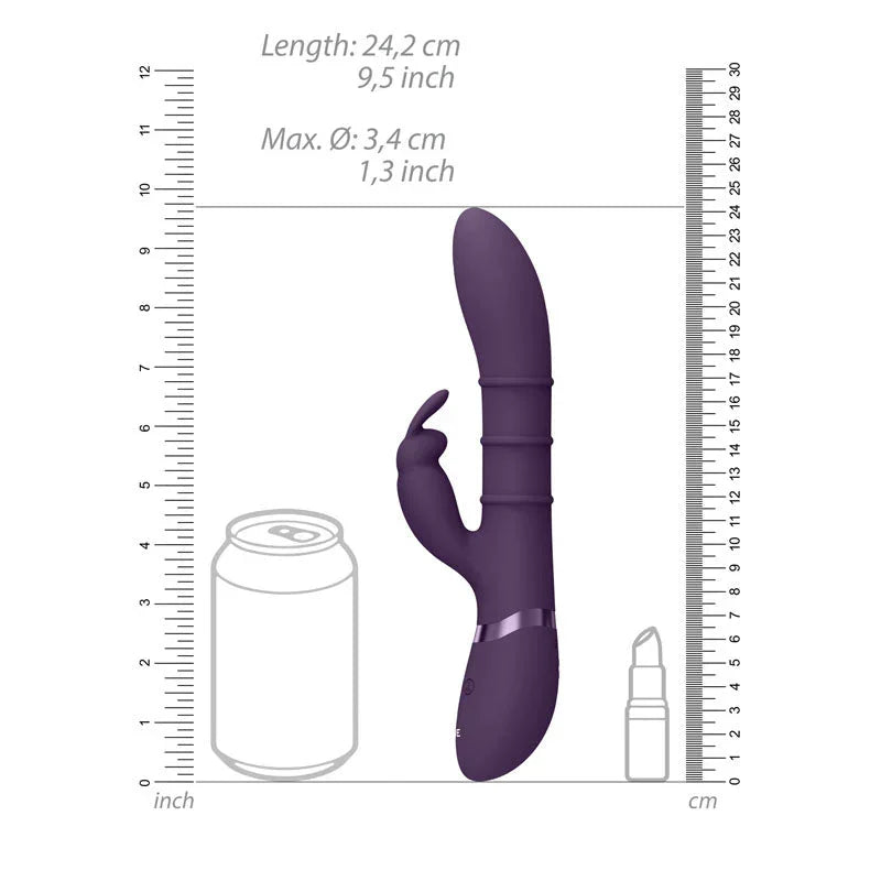 VIVE Sora Rabbit Vibrator in Purple, scale diagram beside a drink can and lipstick