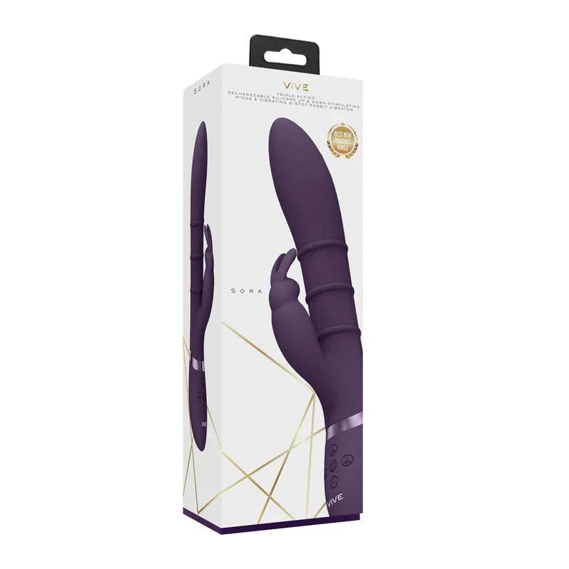 VIVE Sora Rabbit Vibrator in Purple, front of the white and gold VIVE Sora box
