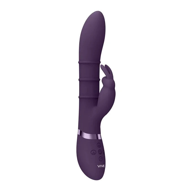 VIVE Sora Rabbit Vibrator in Purple, upright side view showing the ringed shaft and ears