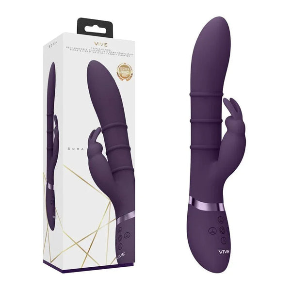 VIVE Sora Rabbit Vibrator in Purple, white box beside the ringed rabbit vibrator