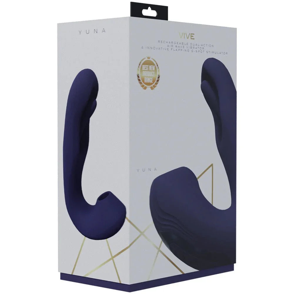 VIVE Yuna Flapping Vibrator in Purple, front of the white and gold VIVE Yuna box