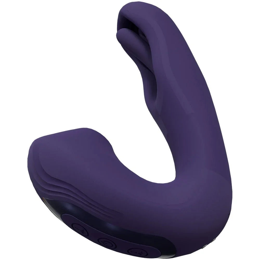 VIVE Yuna Flapping Vibrator in Purple, top view showing the flapping tongue inside the arm