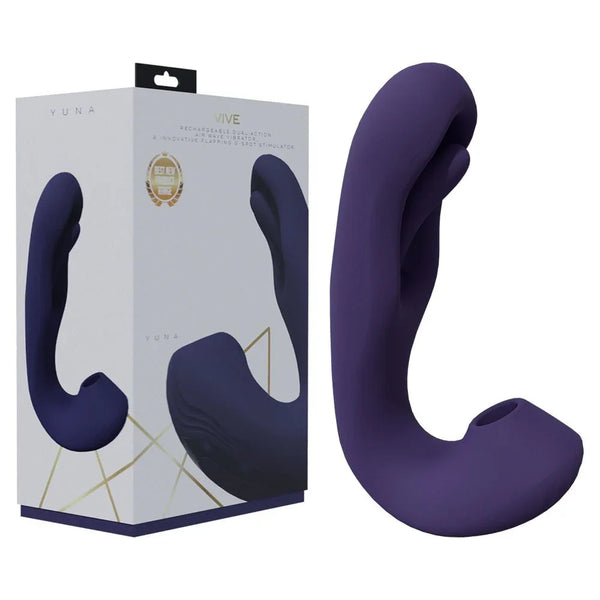 VIVE Yuna Flapping Vibrator in Purple, white box beside the J-shaped dual-action vibrator