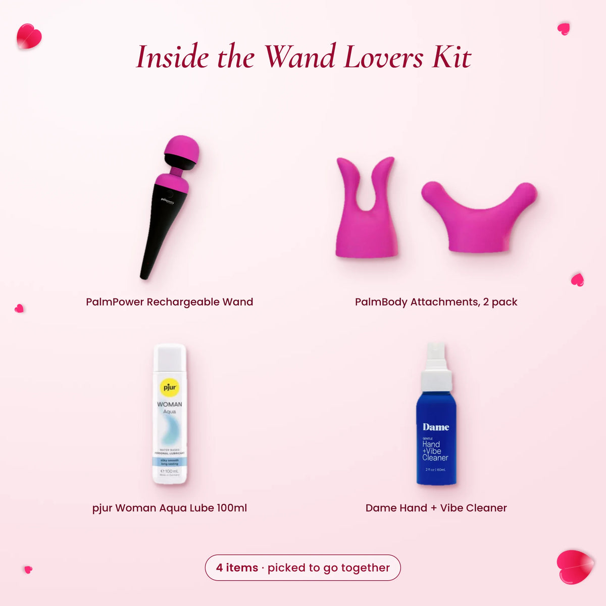 Inside the Wand Lovers Kit: PalmPower Rechargeable wand, PalmBody attachments, pjur Woman Aqua lube and Dame cleaner