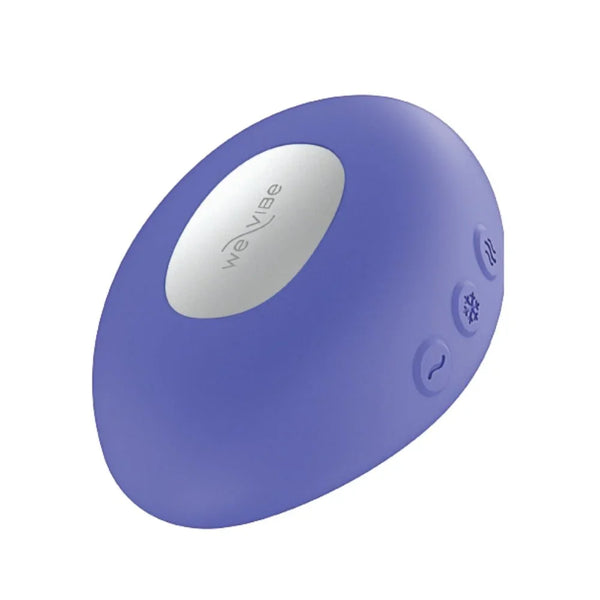 We-Vibe Temp in Lavender Blue, pebble massager with silver plate and buttons