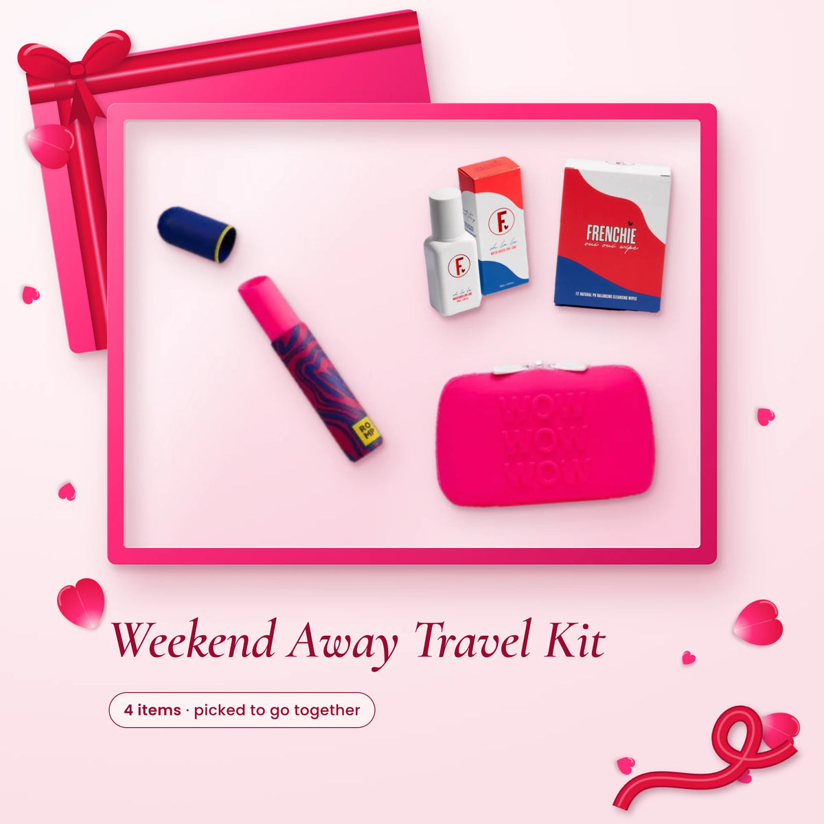 Weekend Away Travel Kit: a Romp Lipstick, Frenchie lube, a pack of wipes and a hot pink zip case on a pink backdrop