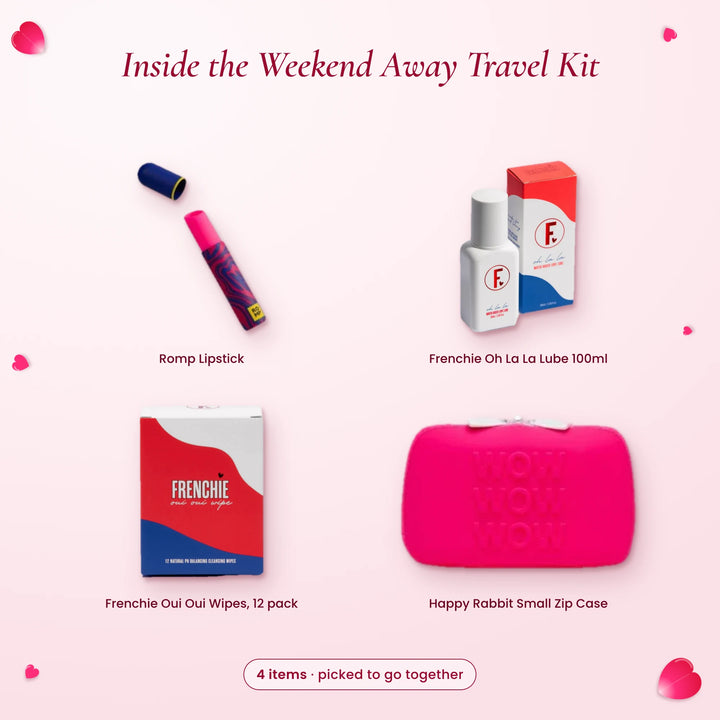 Inside the Weekend Away Travel Kit: Romp Lipstick, Frenchie Oh La La lube, Oui Oui wipes and Happy Rabbit zip case