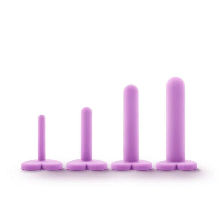 Four lilac Wellness dilators in a row on white, smallest to largest with heart bases