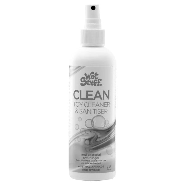 Wet Stuff Clean toy cleaner, white 235 g spray bottle with grey label