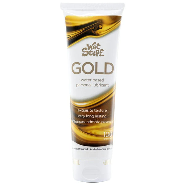 Wet Stuff Gold 100 g tube, gold swirl design, standing upright