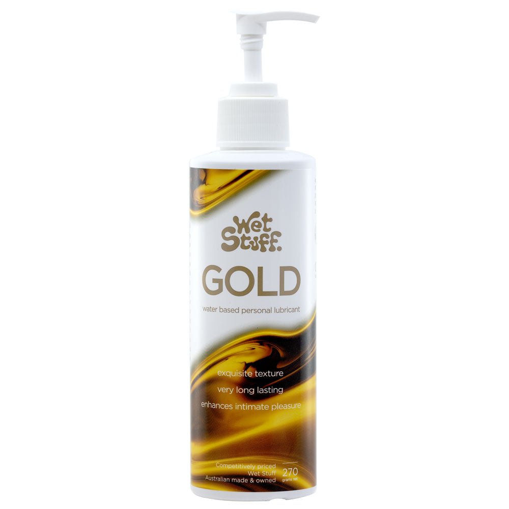 Buy Wet Stuff Gold - 270g Pump - Water Based Lubricant - 270 gram Pump Bottle – Naughtyhut NZ sex toys online. Discreet delivery & top brands.