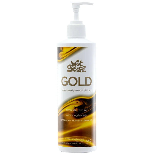 Wet Stuff Gold 550 g pump bottle with gold swirl label