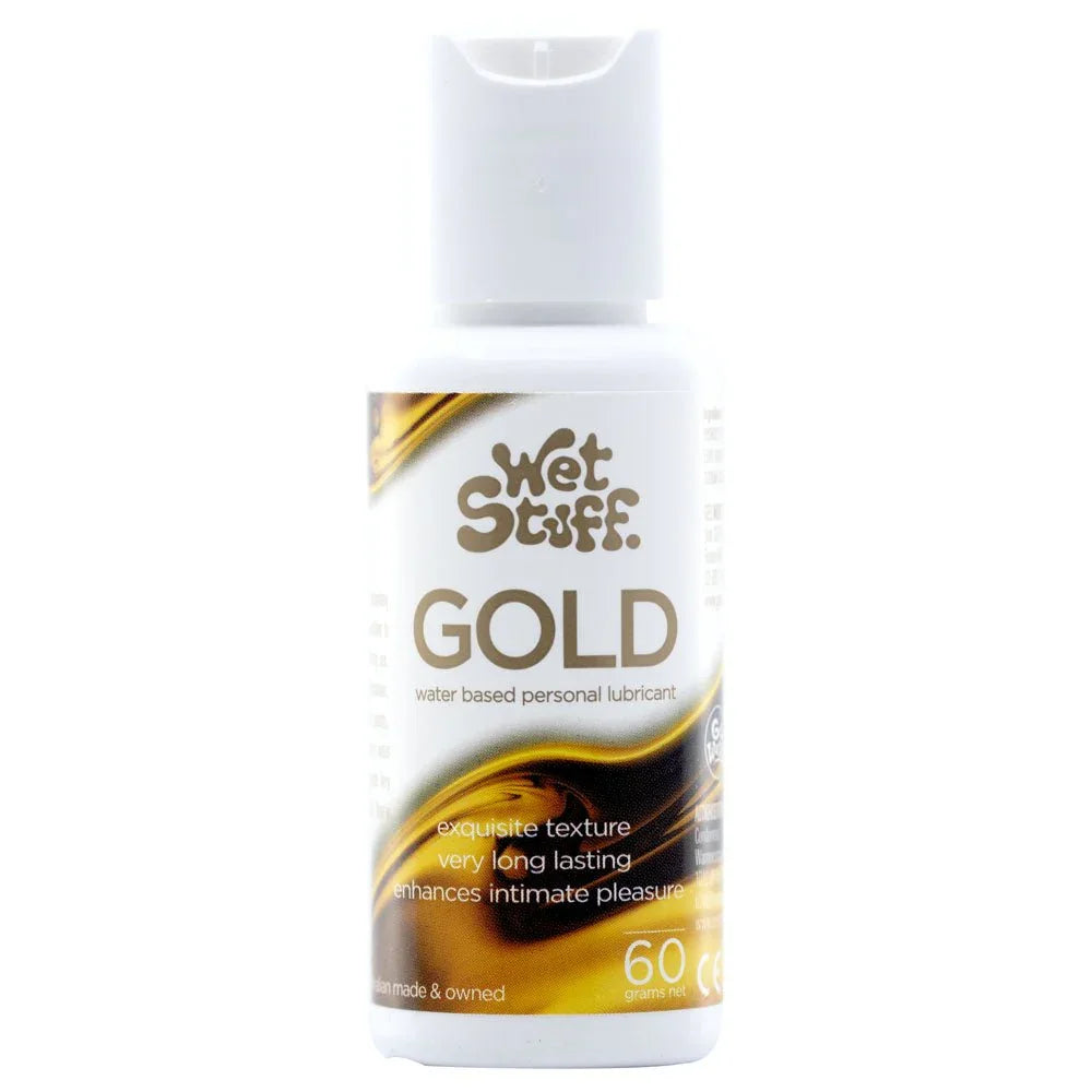 Wet Stuff Gold 60 g bottle, gold swirl label, front view