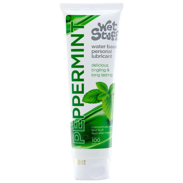 Wet Stuff Peppermint flavoured lubricant, 100 g tube with mint-leaf artwork