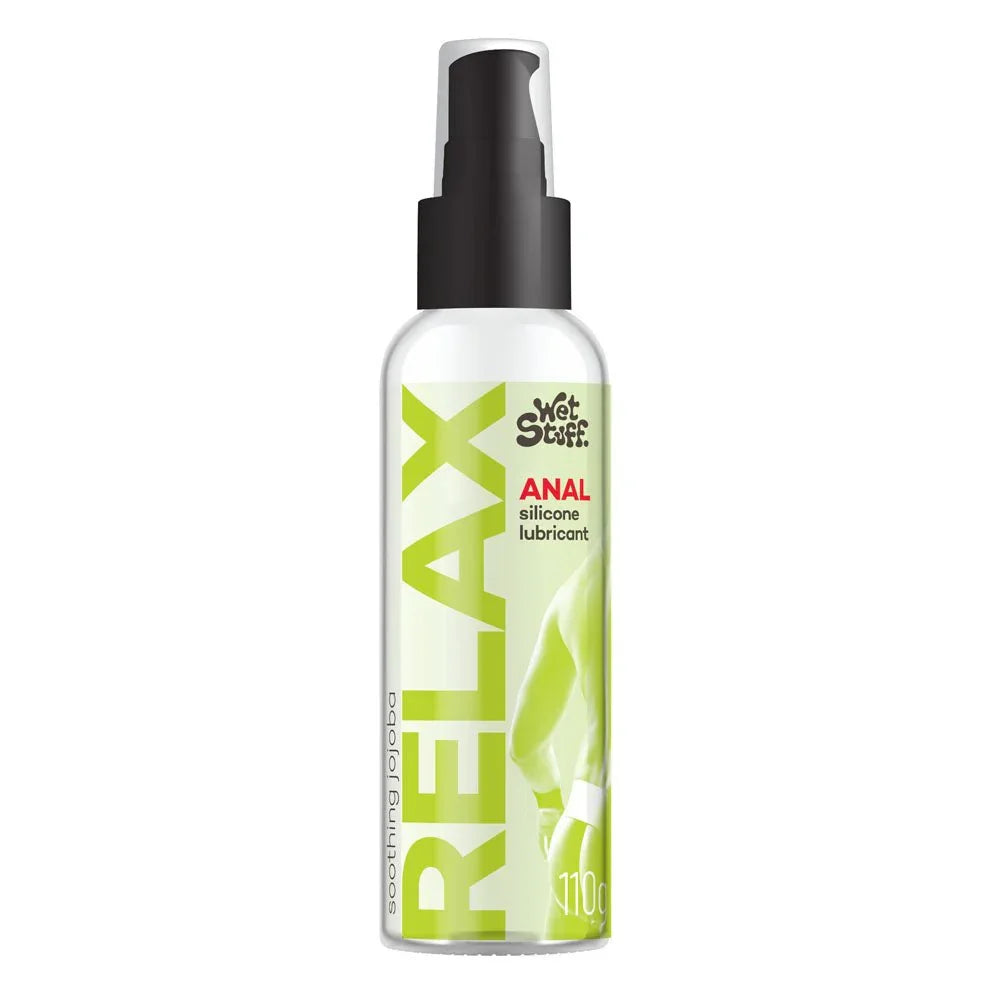 Wet Stuff Relax anal silicone lubricant, clear 110 g pump bottle with lime lettering