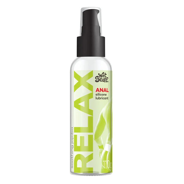 Wet Stuff Relax anal silicone lubricant, clear 110 g pump bottle with lime lettering