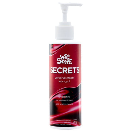 Buy Wet Stuff Secrets - 250g Pump - Hybrid Lubricant - 250 gram Pump Bottle – Naughtyhut NZ sex toys online. Discreet delivery & top brands.