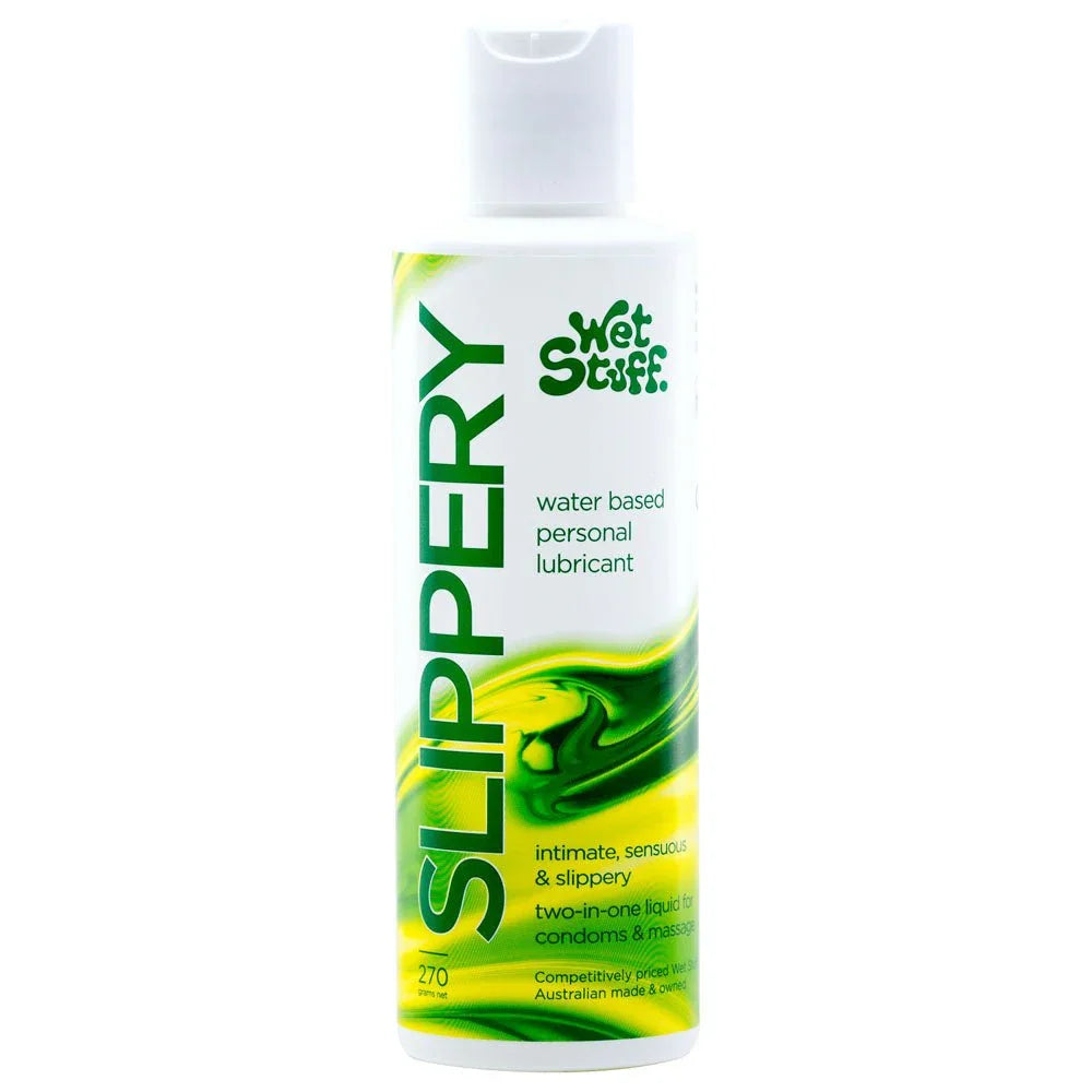 Wet Stuff Slippery 270 g bottle with green and yellow label