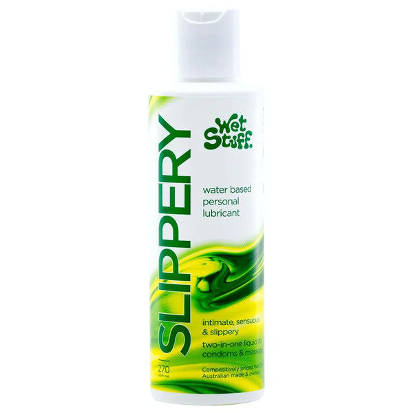 Wet Stuff Slippery 270 g bottle with green and yellow label