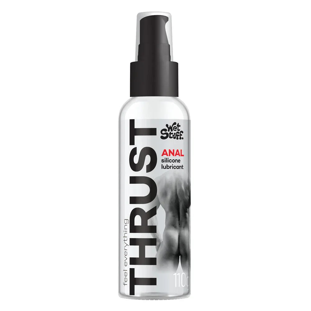 Wet Stuff Thrust anal silicone lubricant, 110 g pump bottle, black and white label
