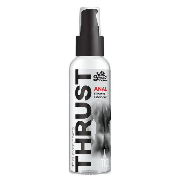 Wet Stuff Thrust anal silicone lubricant, 110 g pump bottle, black and white label