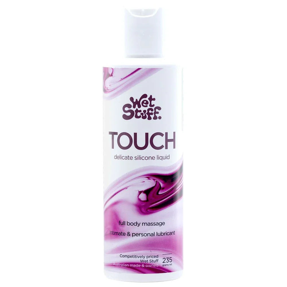 Wet Stuff Touch silicone lubricant, 235 g bottle with plum swirl label