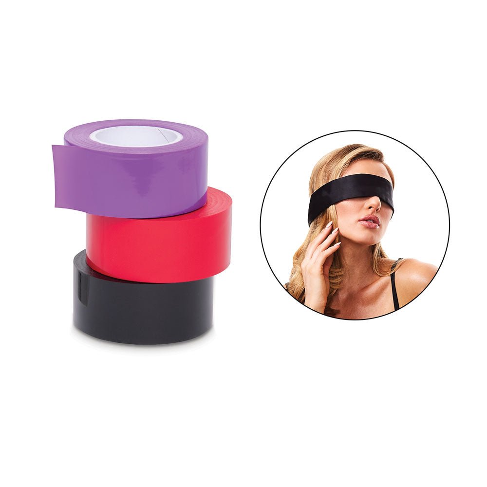 Buy WhipSmart Bondage Tape 3 - Pack with Blindfold - Set of 3 Coloured Bondage Tapes and Bonus Satin Blindfold – Naughtyhut NZ sex toys online. Discreet delivery & top brands.