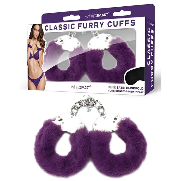WhipSmart Classic Furry Cuffs in Purple laid in front of their retail box