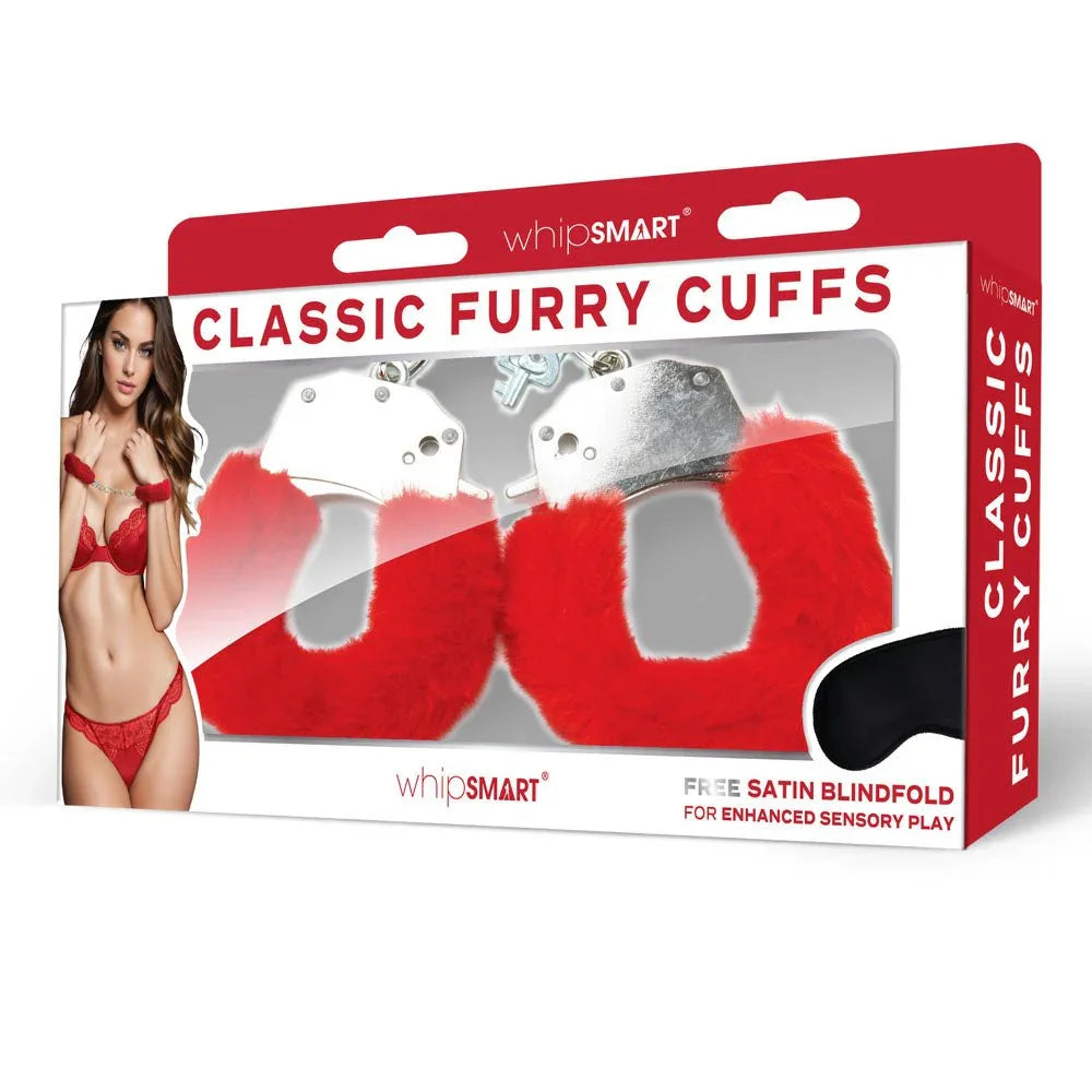 WhipSmart Classic Furry Cuffs Red retail box alone, noting the free satin blindfold