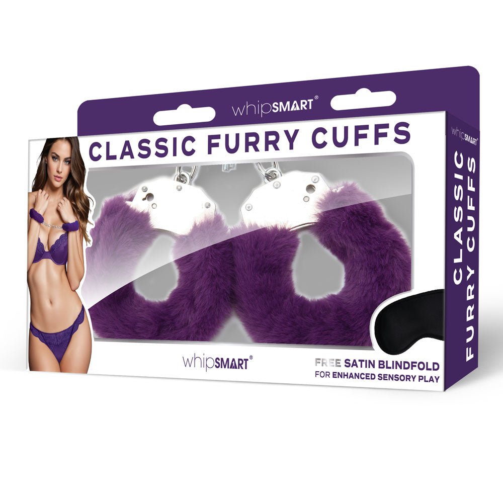 Buy WhipSmart Classic Furry Cuffs - Purple - Purple Furry Restraints with Bonus Eye Mask – Naughtyhut NZ sex toys online. Discreet delivery & top brands.