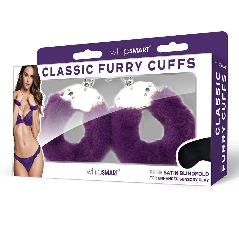 WhipSmart Classic Furry Cuffs Purple retail box alone, noting the free satin blindfold