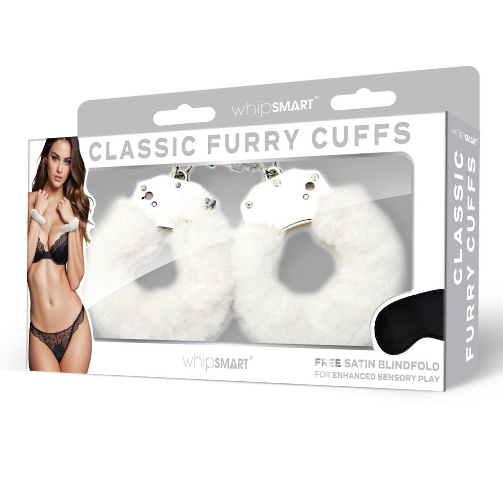 WhipSmart Classic Furry Cuffs - White - White Furry Restraints with Bonus Eye Mask – Sex toys NZ by Naughtyhut. Discreet delivery nationwide.