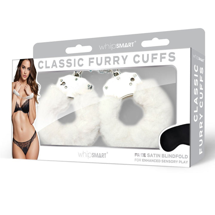 WhipSmart Classic Furry Cuffs - White - White Furry Restraints with Bonus Eye Mask – Sex toys NZ by Naughtyhut. Discreet delivery nationwide.