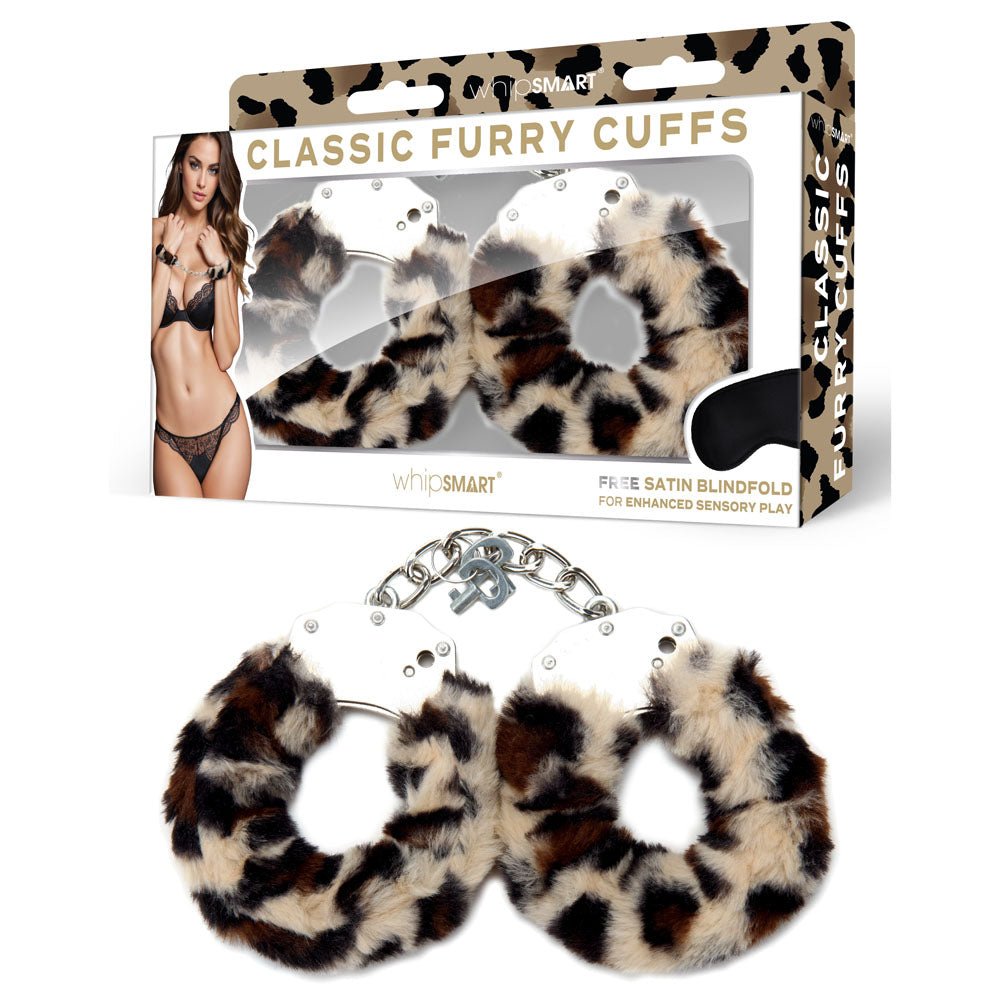 Buy WhipSmart Classic Furry Cuffs - Leopard - Leopard Furry Restraints with Bonus Eye Mask – Naughtyhut NZ sex toys online. Discreet delivery & top brands.