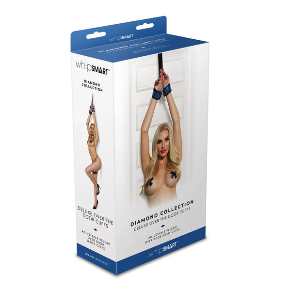 WhipSmart Diamond Collection Over The Door Cuffs retail box, printed with the cuffs in use