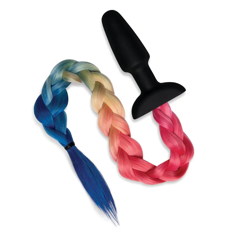 Rainbow braided tail looped on white, pink at the plug fading to blue at the tip