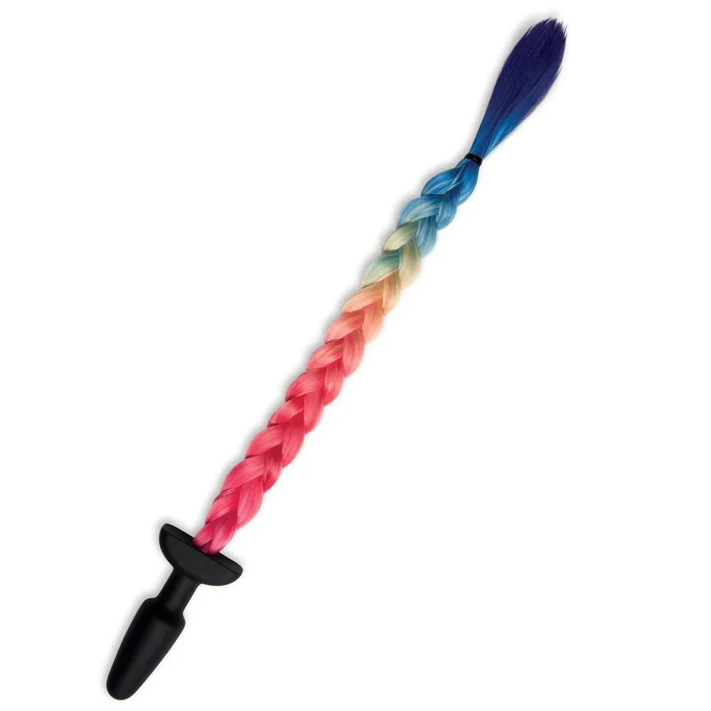Rainbow braided tail hanging straight down from its black silicone plug